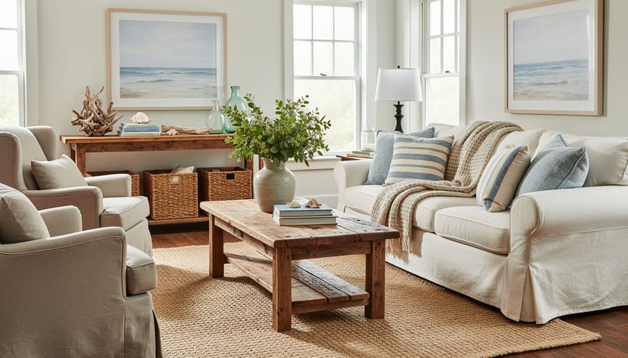 Coastal cottage living room with a slipcovered sofa, reclaimed wood coffee table, woven baskets, and weathered barn-door details