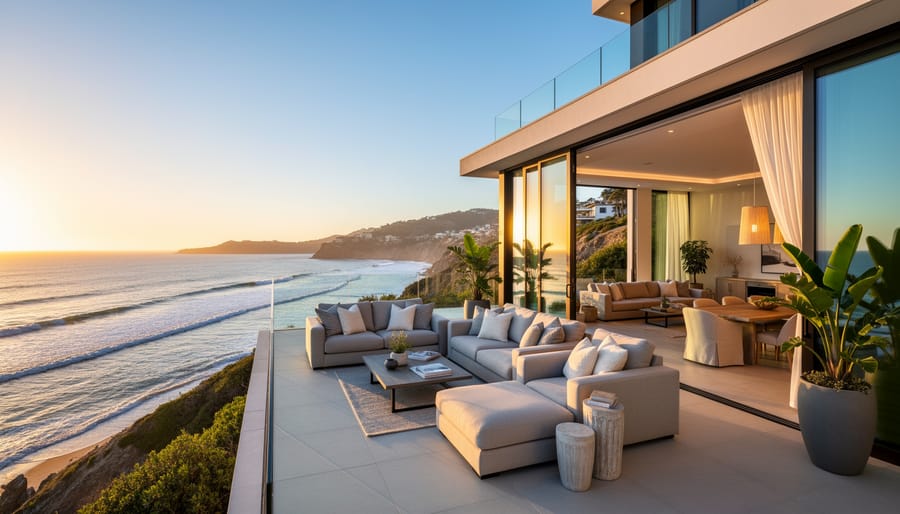 People standing on a coastal deck at sunset looking out toward the ocean