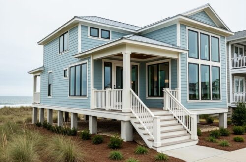 “Modern coastal home with elevated foundation, covered porch, and large windows facing the ocean under soft overcast light.”