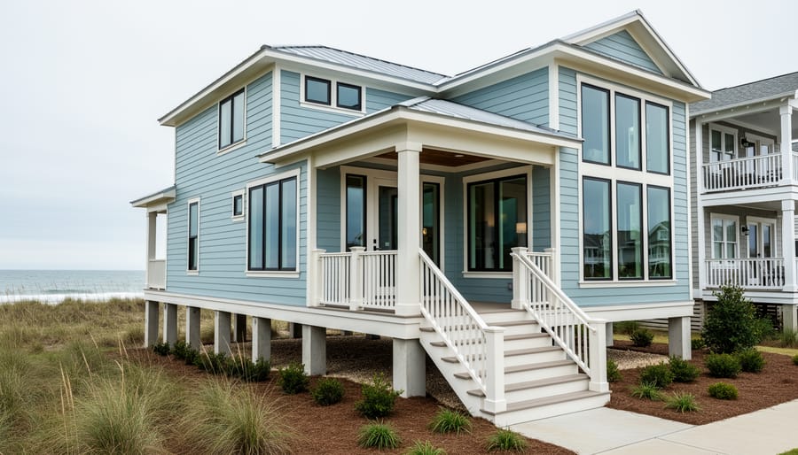 “Modern coastal home with elevated foundation, covered porch, and large windows facing the ocean under soft overcast light.”