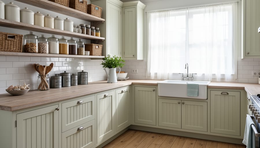 Coastal farmhouse kitchen with open shelving, vintage crocks, galvanized accents, and a farmhouse sink