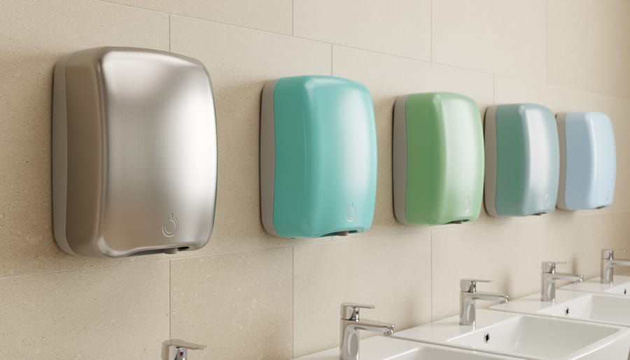 Coastal-style commercial hand dryers showing brushed chrome, white powder-coated, and sea-glass-toned accents