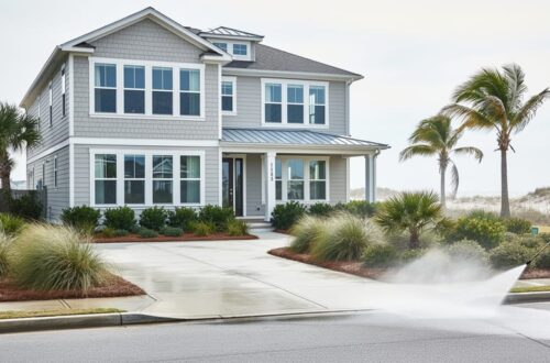 Street-level view of a coastal home exterior with power-washing focused on the driveway and refreshed native landscaping, with a blurred ocean view in the background.