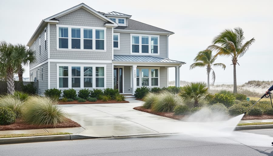 Street-level view of a coastal home exterior with power-washing focused on the driveway and refreshed native landscaping, with a blurred ocean view in the background.
