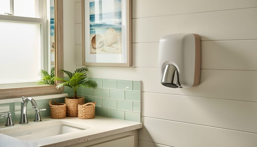 Coastal-style commercial hand dryer installed in a beach-themed hotel restroom near a sink and mirror