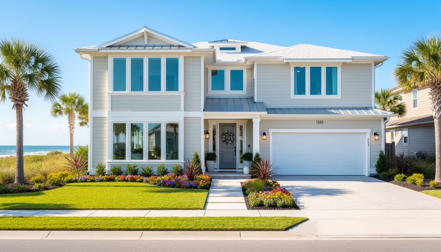 Sunlit exterior of a coastal house with a clean walkway and inviting front entrance