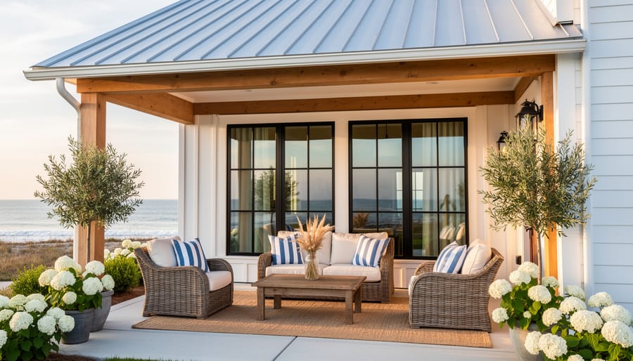 Coastal modern farmhouse porch with black-framed window, rattan seating, and greenery in warm golden light.