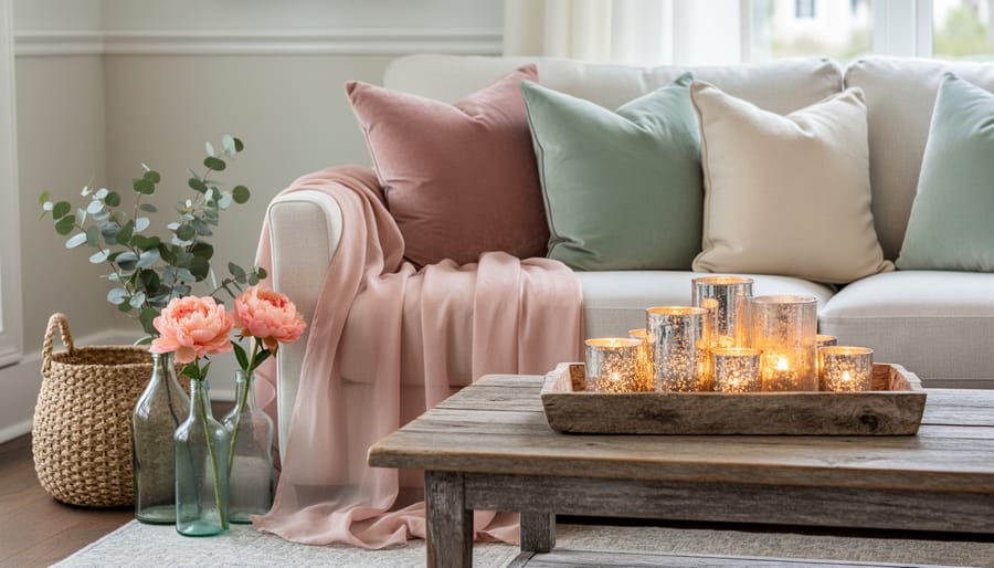 Coastal living room scene with sheer blush fabric, glowing mercury glass votives on a weathered wood tray, velvet cushions, and fresh flowers with eucalyptus.