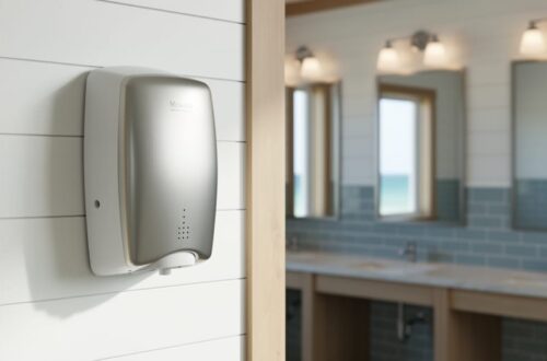 Sleek modern commercial hand dryer mounted in a Southern coastal bathroom with light shiplap walls, natural wood accents, and soft blue-gray tiles.