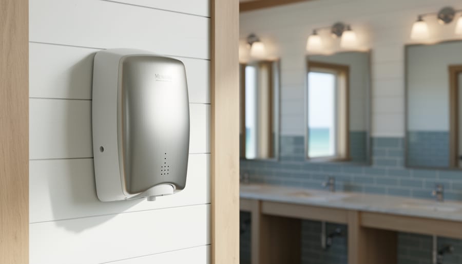 Sleek modern commercial hand dryer mounted in a Southern coastal bathroom with light shiplap walls, natural wood accents, and soft blue-gray tiles.