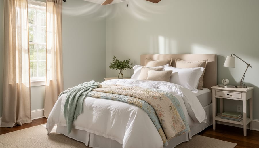 Close-up of summer bedding with cotton duvet, butter yellow quilt, and sage linen throw in a bright bedroom.
