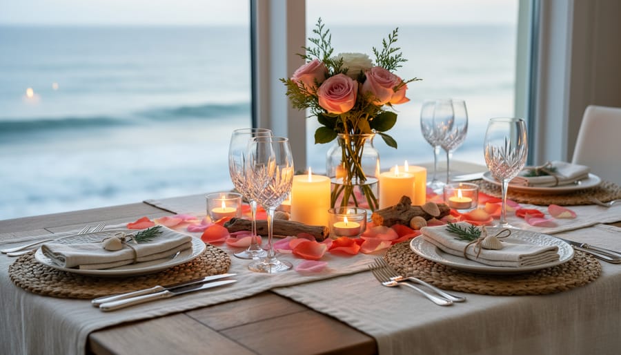 Coastal-inspired Valentine table setting with seafoam runner, shell accents, and candlelight.