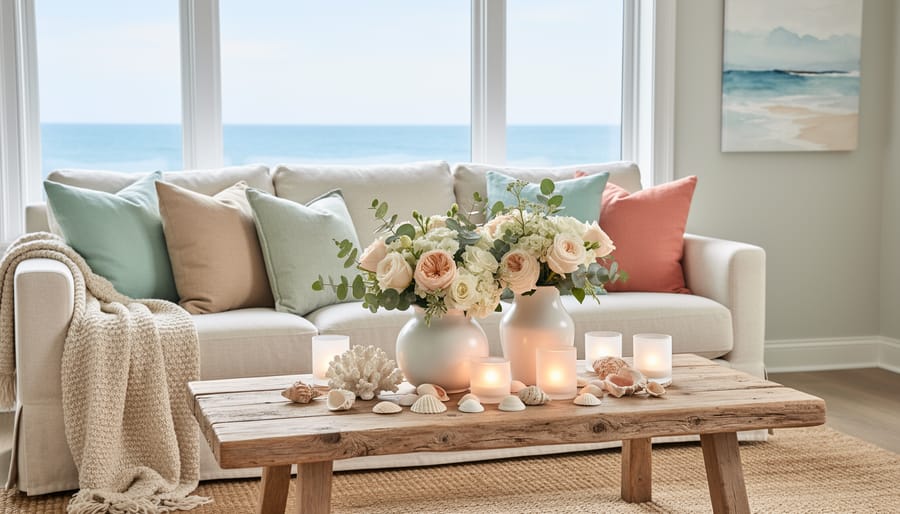Coastal Valentine living room styling with linen pillows, a driftwood tray, a candle, beach roses, and sea glass.
