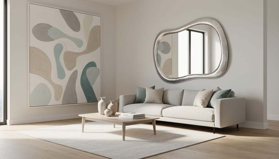 Oversized abstract wall art and a sculptural mirror in a contemporary coastal-style entryway