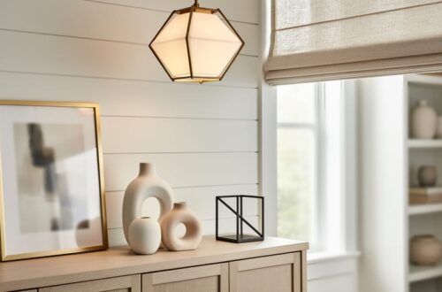 Sculptural matte ceramic decor and brushed brass accents styled on a console table in a bright modern Southern living room with geometric pendant lighting and natural linen window shades.