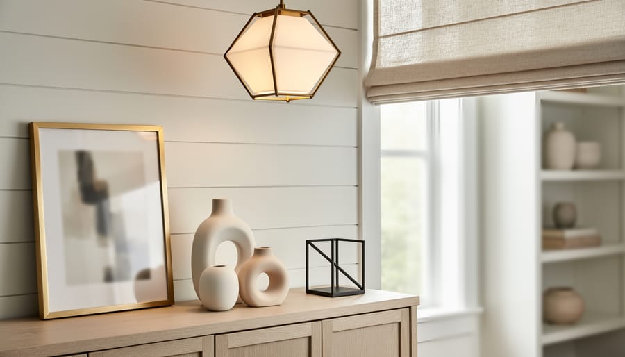 Sculptural matte ceramic decor and brushed brass accents styled on a console table in a bright modern Southern living room with geometric pendant lighting and natural linen window shades.