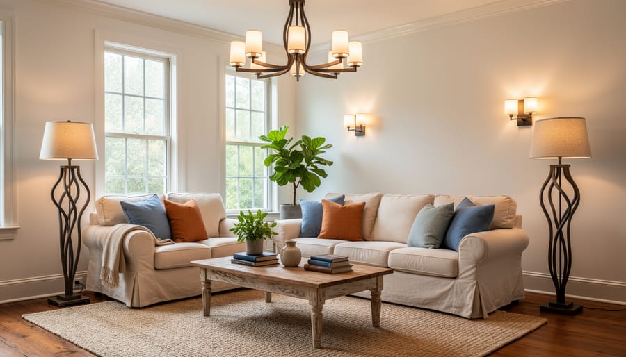 Contemporary living room with sculptural brushed-brass and matte-black lamps on neutral seating near large windows