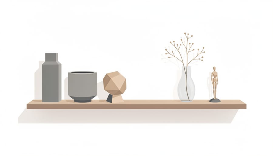 Living room shelf showing sturdier decorative pieces alongside a lighter-looking accessory