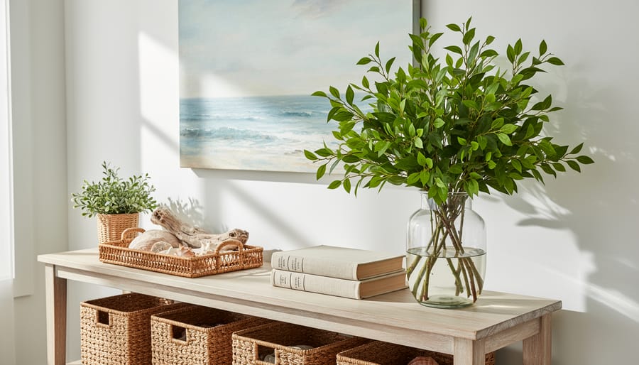 Entryway vignette with driftwood decor, woven wall hanging, and potted fresh herbs in warm sunlight.