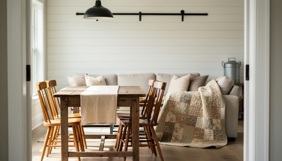 Cozy living room with weathered wood farmhouse table, patchwork quilt, white shiplap wall, and black metal accents in soft natural light.