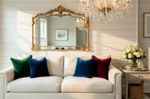 Glamorous Southern living room with a creamy linen sofa, velvet pillows, gold-rimmed mirror, and crystal chandelier reflecting warm sunlight.