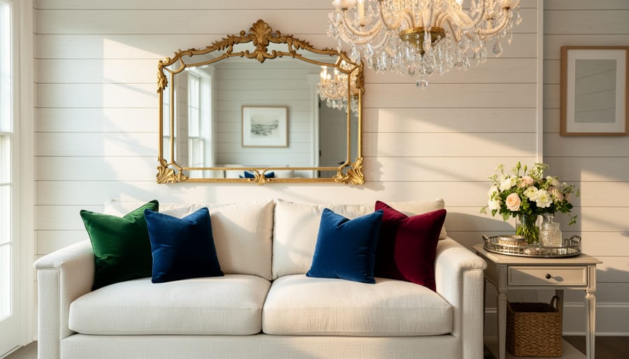 Glamorous Southern living room with a creamy linen sofa, velvet pillows, gold-rimmed mirror, and crystal chandelier reflecting warm sunlight.