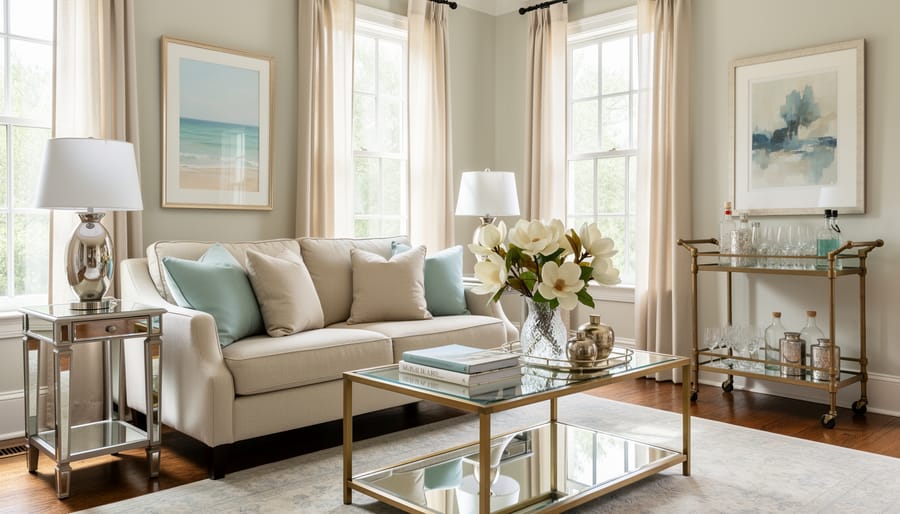 Velvet sofa with brass floor lamp, large mirror, and marble coffee table in a glamorous living room setting