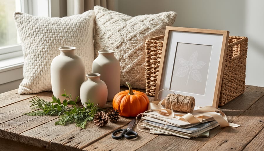 Hands arranging textured coastal décor items like a pillow, ceramic vase, and framed accent on a woven surface