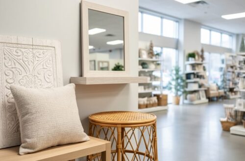 Coastal and farmhouse home décor items on display in a bright showroom, including a whitewashed wall piece, textured throw pillow, rattan accent table, and a decorative mirror.