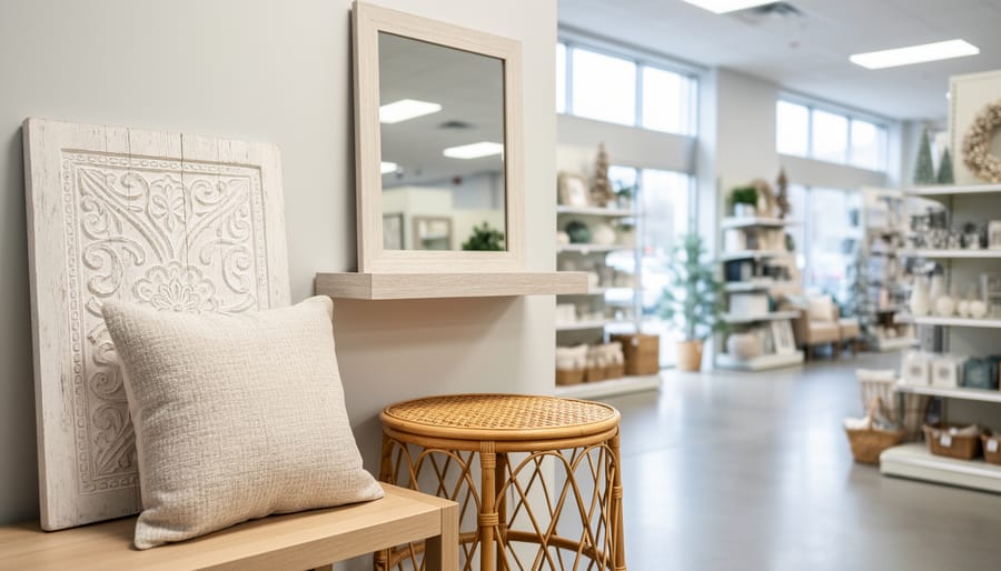 Coastal and farmhouse home décor items on display in a bright showroom, including a whitewashed wall piece, textured throw pillow, rattan accent table, and a decorative mirror.