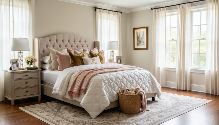 Luxurious glam bedroom with upholstered headboard, layered bedding, and metallic bedside details