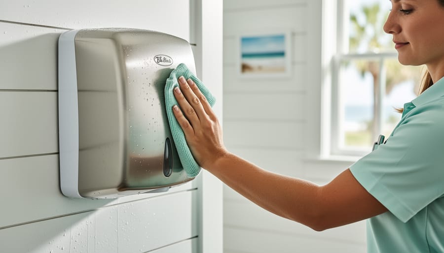 Maintenance worker cleaning a wall-mounted commercial hand dryer in a coastal-style restroom