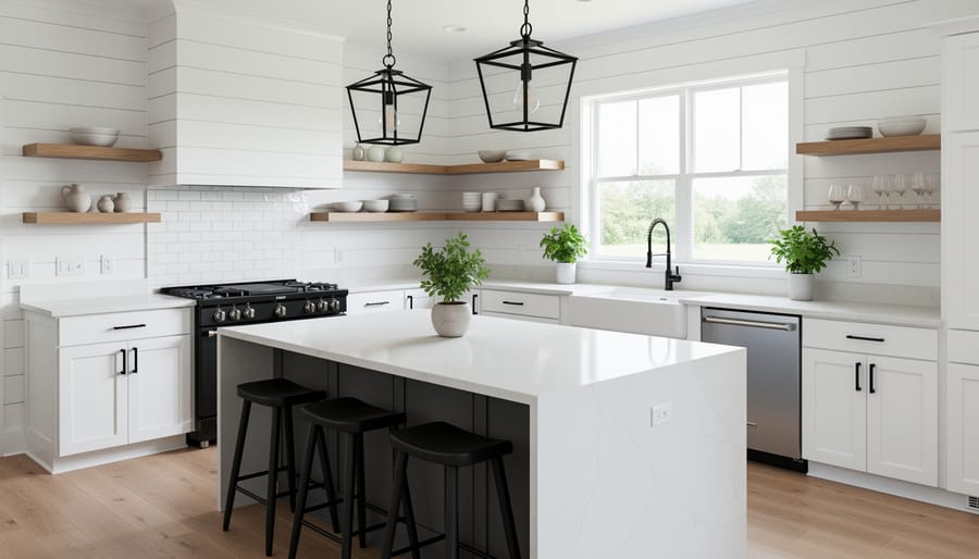 Modern farmhouse kitchen featuring a white sink, matte black faucet, open shelving, and shiplap wall texture.