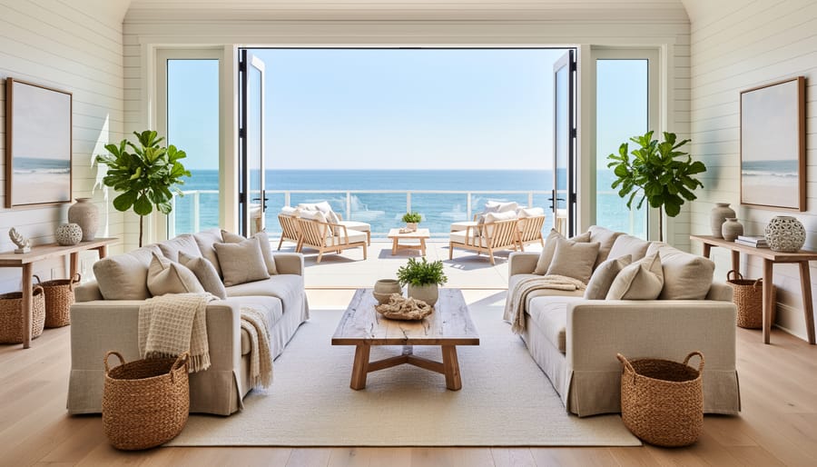 Open coastal living room with shiplap, large windows, and sliding doors to an outdoor porch