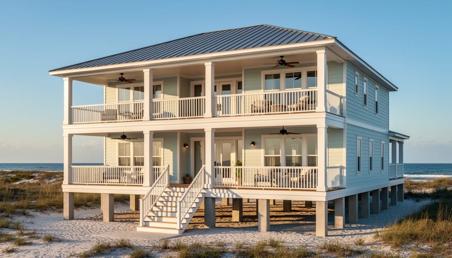 Coastal home exterior with raised foundation and wraparound porch in a sandy dune setting