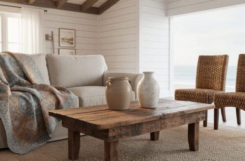 Rustic country coastal cottage living room featuring a reclaimed wood coffee table, vintage quilt on a linen sofa, whitewashed shiplap, and woven seagrass seating in soft natural daylight.