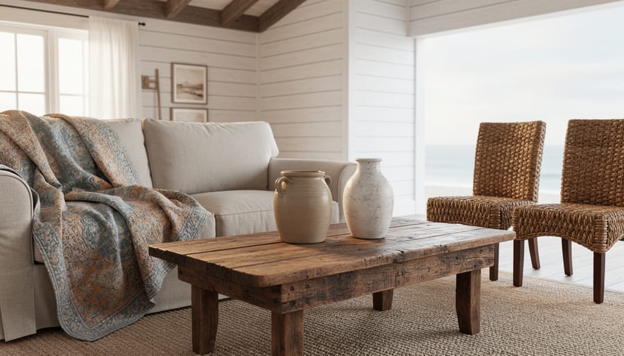 Rustic country coastal cottage living room featuring a reclaimed wood coffee table, vintage quilt on a linen sofa, whitewashed shiplap, and woven seagrass seating in soft natural daylight.