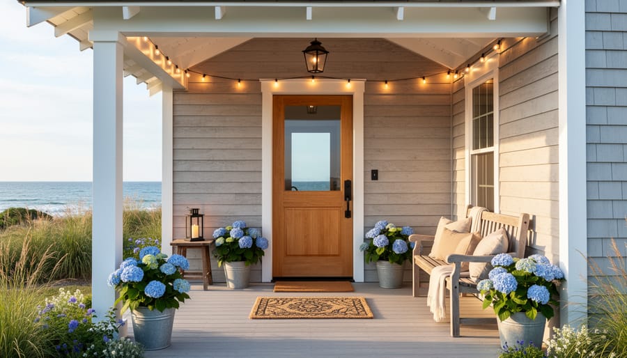 Rustic country porch with distressed bench, rocking chairs, galvanized planter, and wreath on a coastal cottage entry door