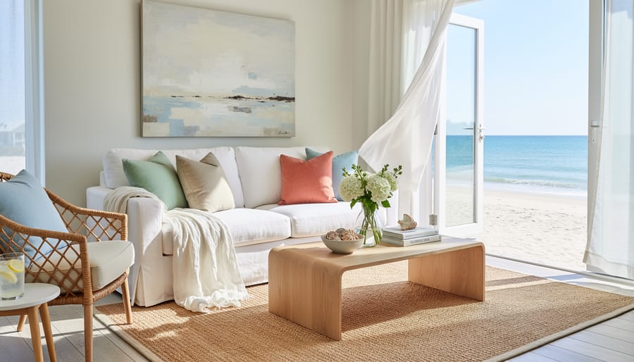 Southern coastal living room styled with linen upholstery, seafoam and coral accents, a woven rug, and fresh greenery.