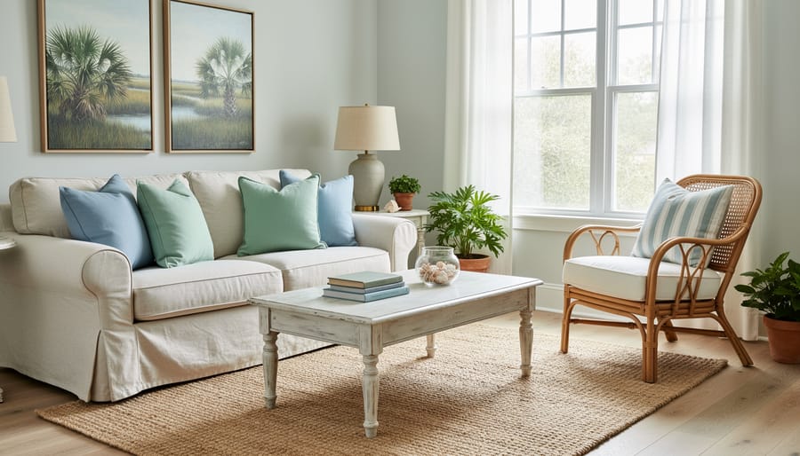 Coastal living room styled with neutral furniture, woven rug, lamp, and blue-and-beige decorative accents