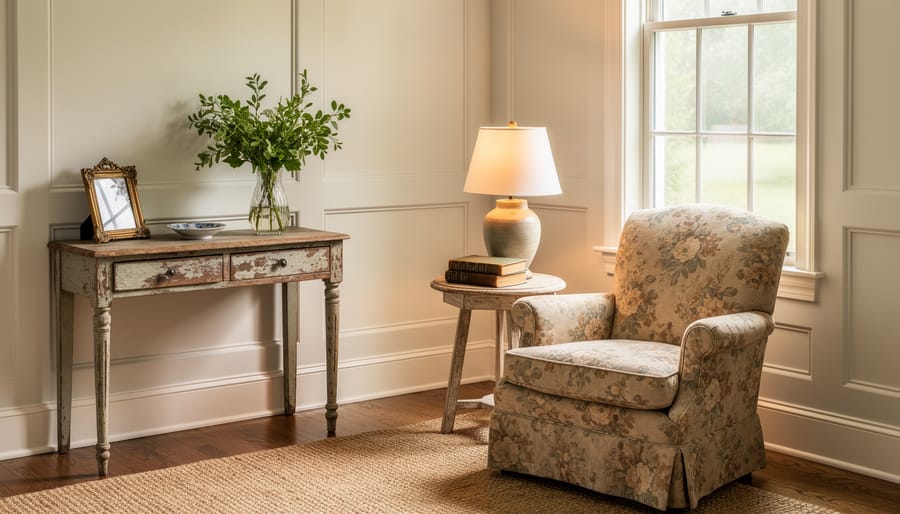 Cozy living room corner with a distressed vintage mirror, weathered side table, and faded botanical print in soft natural light.