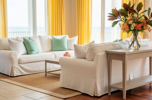 Summer-styled coastal living room with linen pillows, sea-glass green accents, a jute rug, and a vase of magnolia branches and wildflowers in natural daylight.