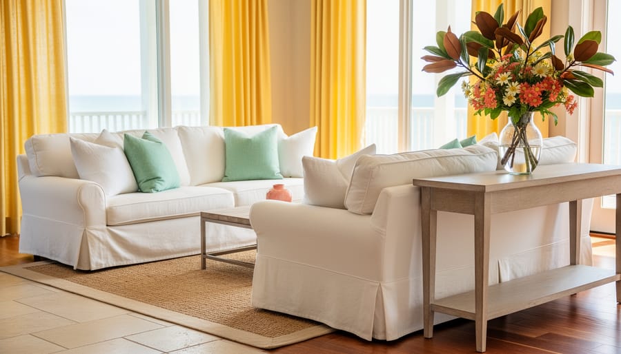 Summer-styled coastal living room with linen pillows, sea-glass green accents, a jute rug, and a vase of magnolia branches and wildflowers in natural daylight.