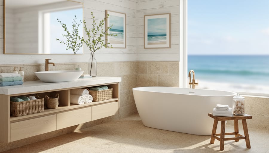 Spa-like coastal bathroom with walk-in rainfall shower and sea-glass toned tiles