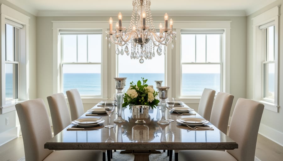 Glamorous dining table with chandelier and reflective decor in a bright coastal-style room
