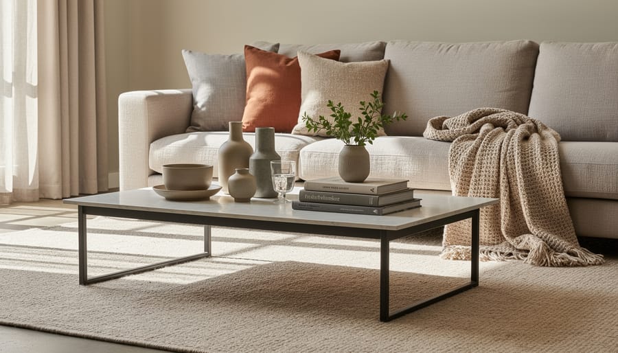 Styled coffee table with ceramic vase, concrete tray, and neutral textured pillows and throw