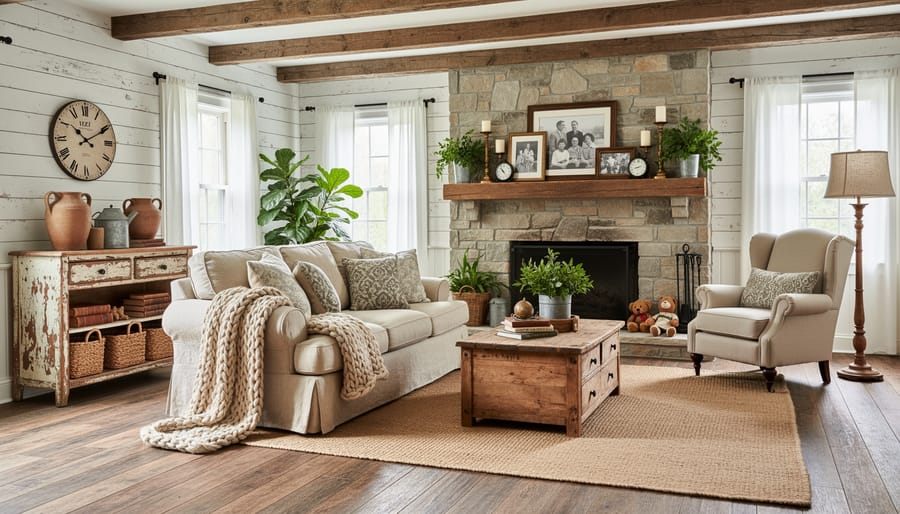 Traditional farmhouse living room with reclaimed wood furniture, linen upholstery, and vintage brass accents in soft natural light.