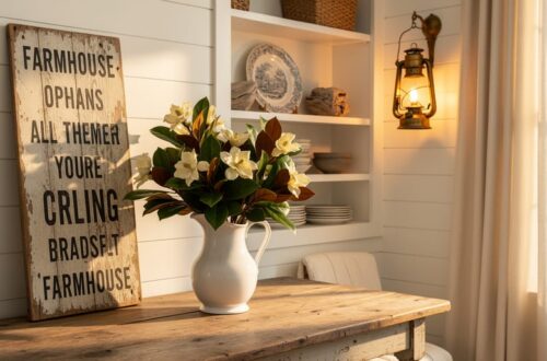 A warm-lit antique brass lantern and ironstone pitcher with magnolia branches styled on a patinaed farmhouse table against white shiplap, with linen curtains and a weathered wooden sign in view.