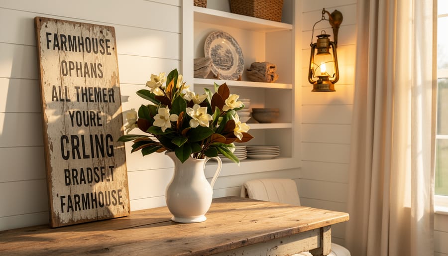 A warm-lit antique brass lantern and ironstone pitcher with magnolia branches styled on a patinaed farmhouse table against white shiplap, with linen curtains and a weathered wooden sign in view.