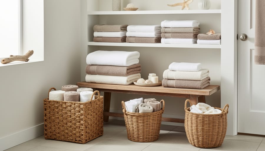 Bathroom vanity with neutral bath towels, stoneware soap dish, and woven towel storage basket